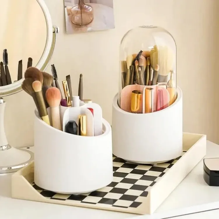 Rotating Makeup Brush Holder with Lid | Dustproof Cosmetic Organizer & Storage Box
