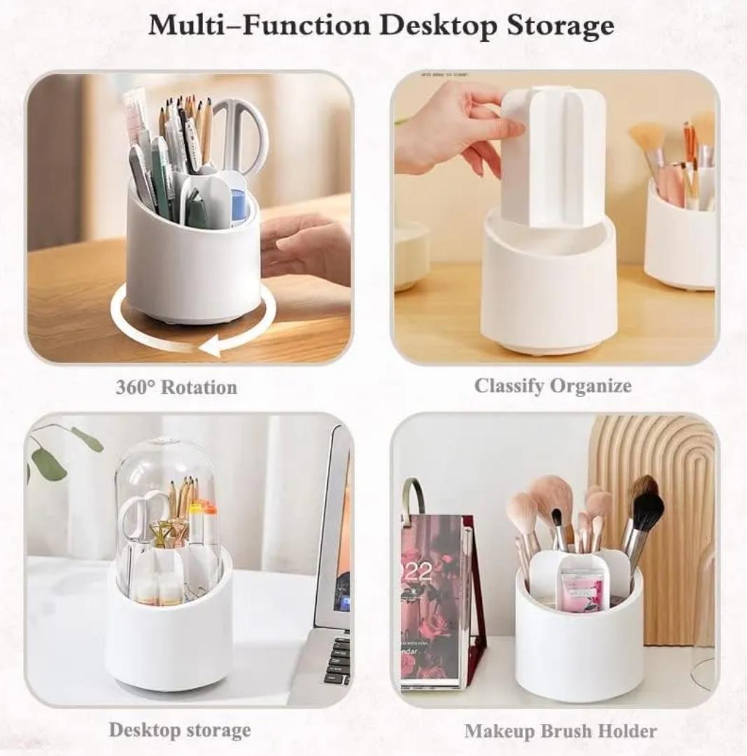 Rotating Makeup Brush Holder with Lid | Dustproof Cosmetic Organizer & Storage Box